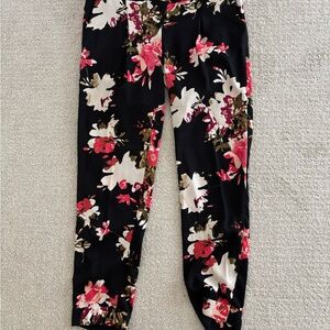 LOFT Black Pants with Pink and White Floral Design